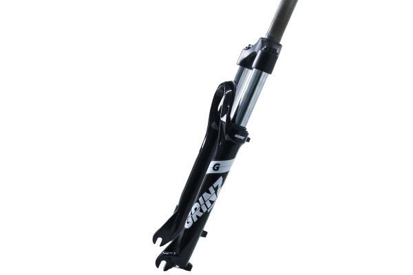 Вилка GRINZ ES 443 AMS 26"*1.1\8" ход 100мм, локаут механический, предварительное сжатие, алюминтиевая,безьрезьбовая, черная\белая, 2,5кг